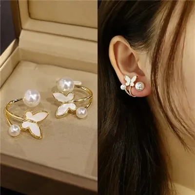 Trendy Rhinestone Pearl Butterfly Earrings